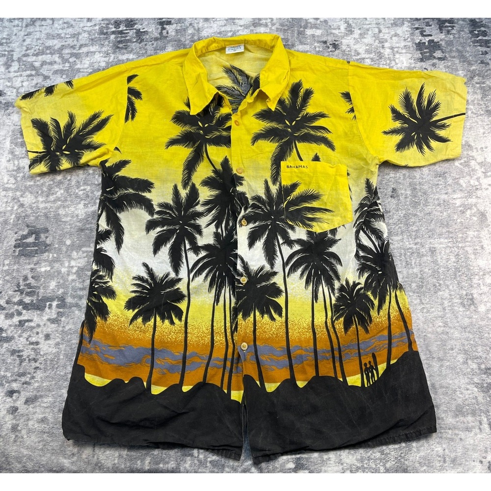 Island Dreams 4XL Hawaiian SS Shirt Palm Trees Yellow Black Cotton Vacation Core